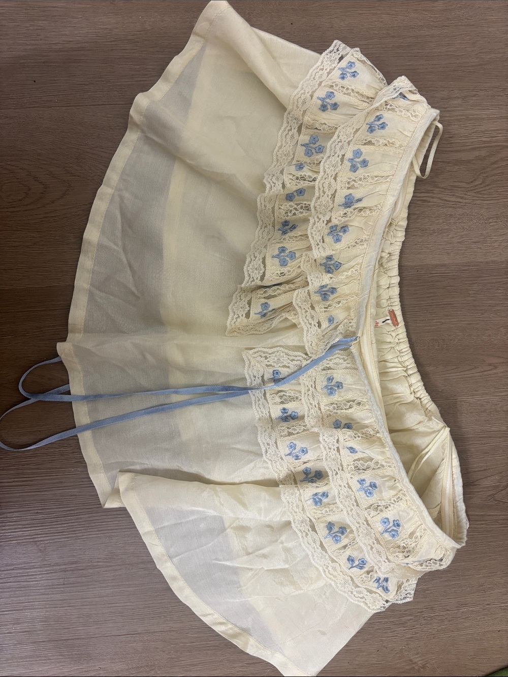 Free People Cream Lace-Trim Sleep Skirt with Blue Floral Embroidery